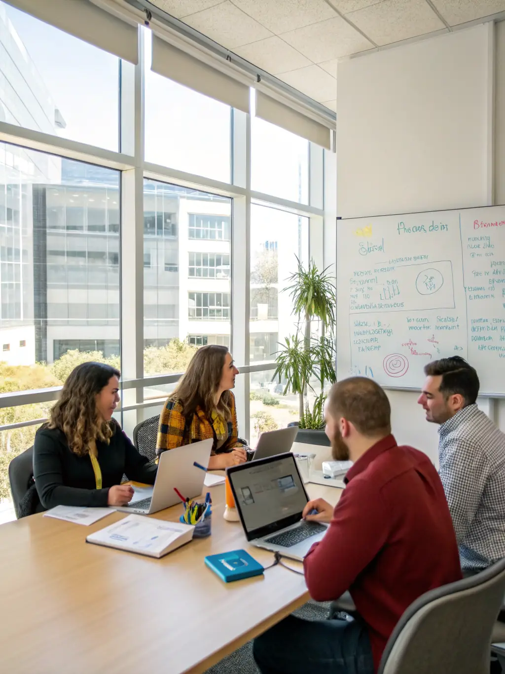 A group of consultants collaborating at a conference table, mapping out strategies on a whiteboard, with business diagrams and solution plans visible.