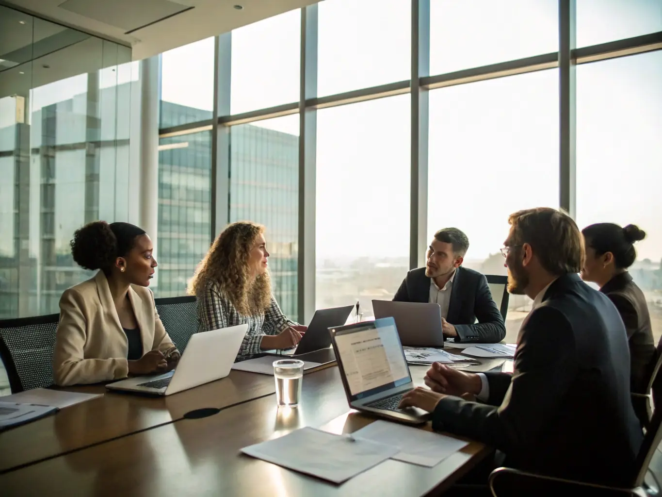 A team of executives in a boardroom engaged in a strategic planning session, with charts and digital tablets, symbolizing forward-thinking and goal-oriented business strategy.