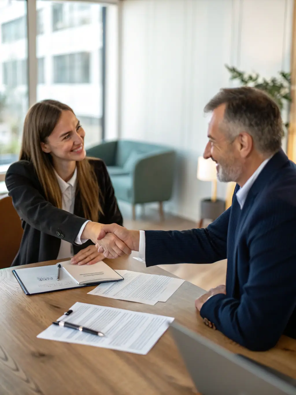 A professional business consultant greeting a client in a modern, well-lit office, both seated at a table with notepads and laptops, conveying a welcoming and trustworthy first meeting.