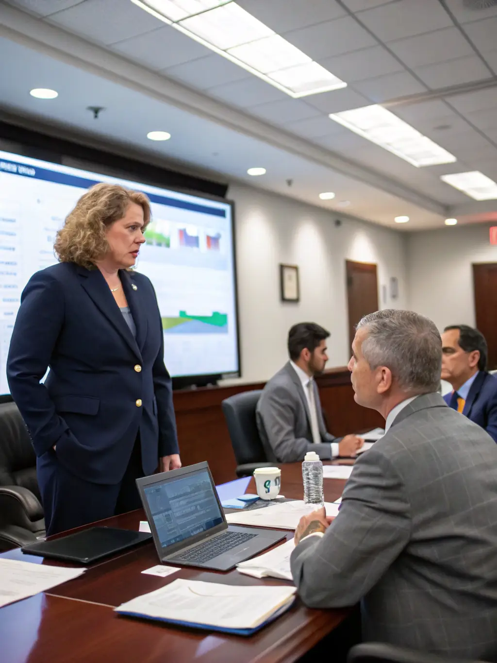 A team of executives collaborating around a conference table, reviewing charts and strategic plans on a large digital screen in a bright, corporate setting.