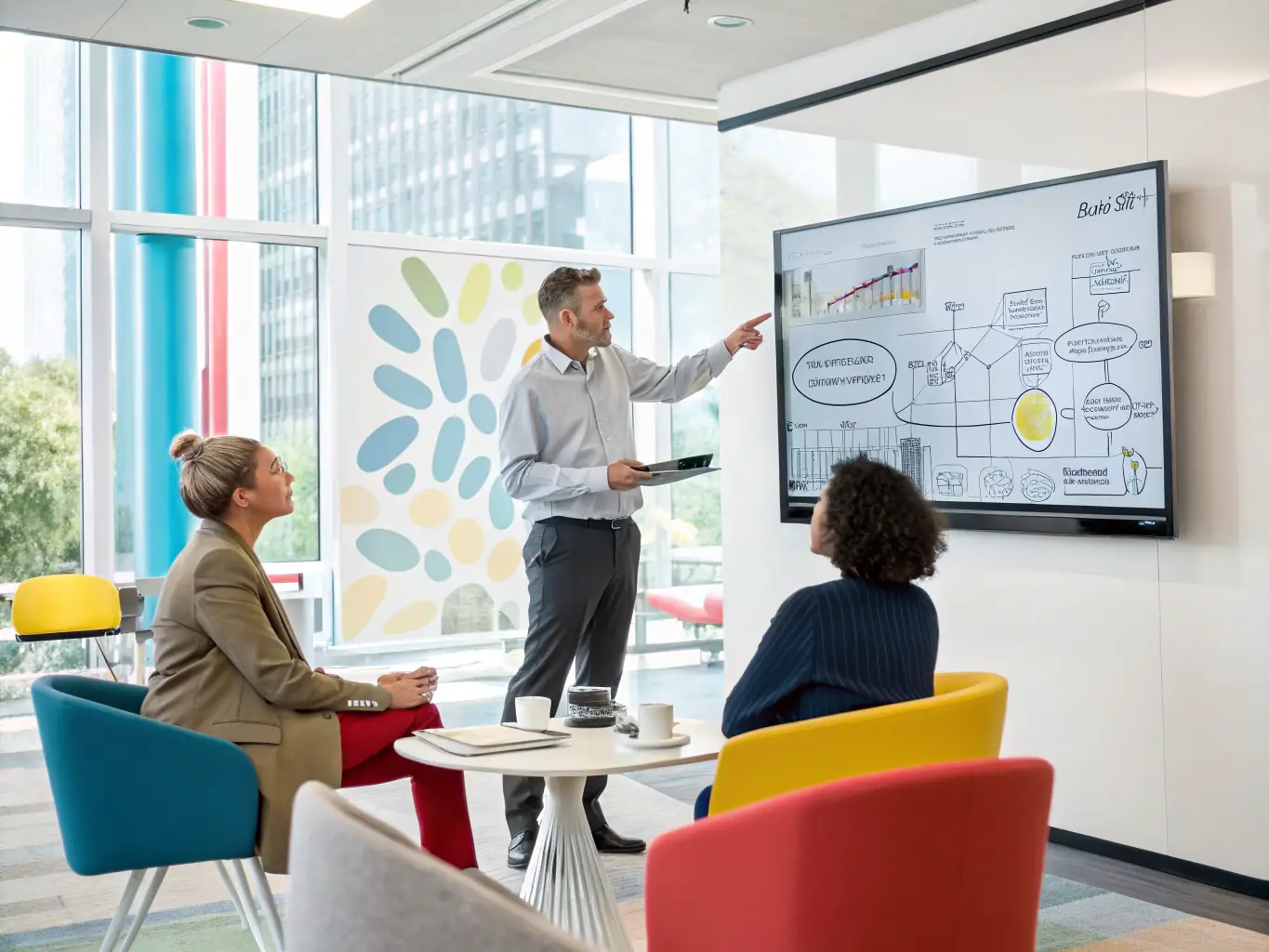 A consultant analyzing workflow diagrams and process maps on a large screen with a client, illustrating operational improvement and process optimization in a corporate environment.
