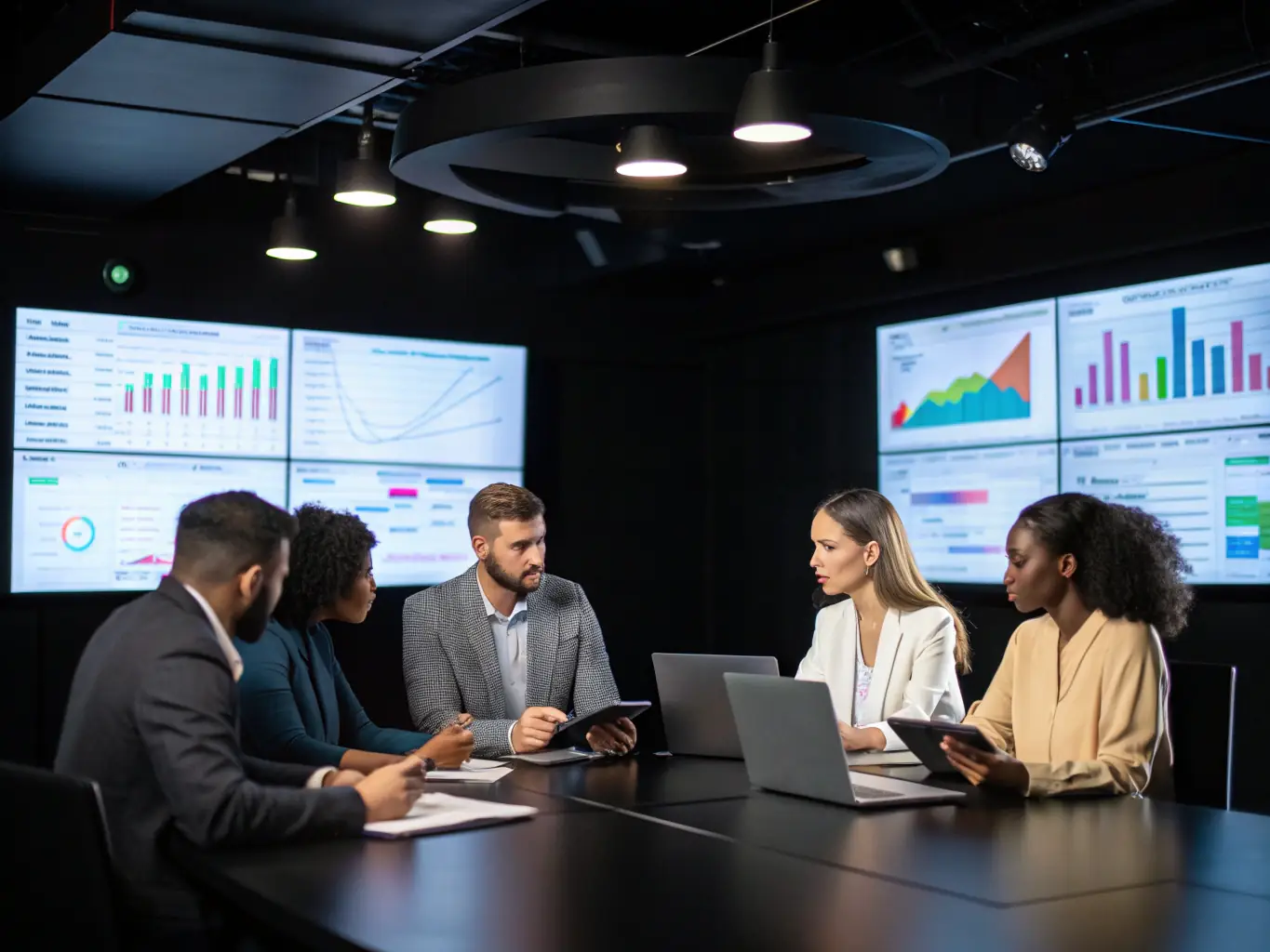 A diverse team of consultants collaborating around a conference table, reviewing documents and digital charts, representing integrity and teamwork in a business consulting environment.