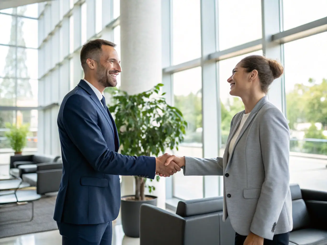 A confident business consultant in a navy suit shaking hands with a client in a bright, modern office, symbolizing trust and professionalism for a consulting firm website.