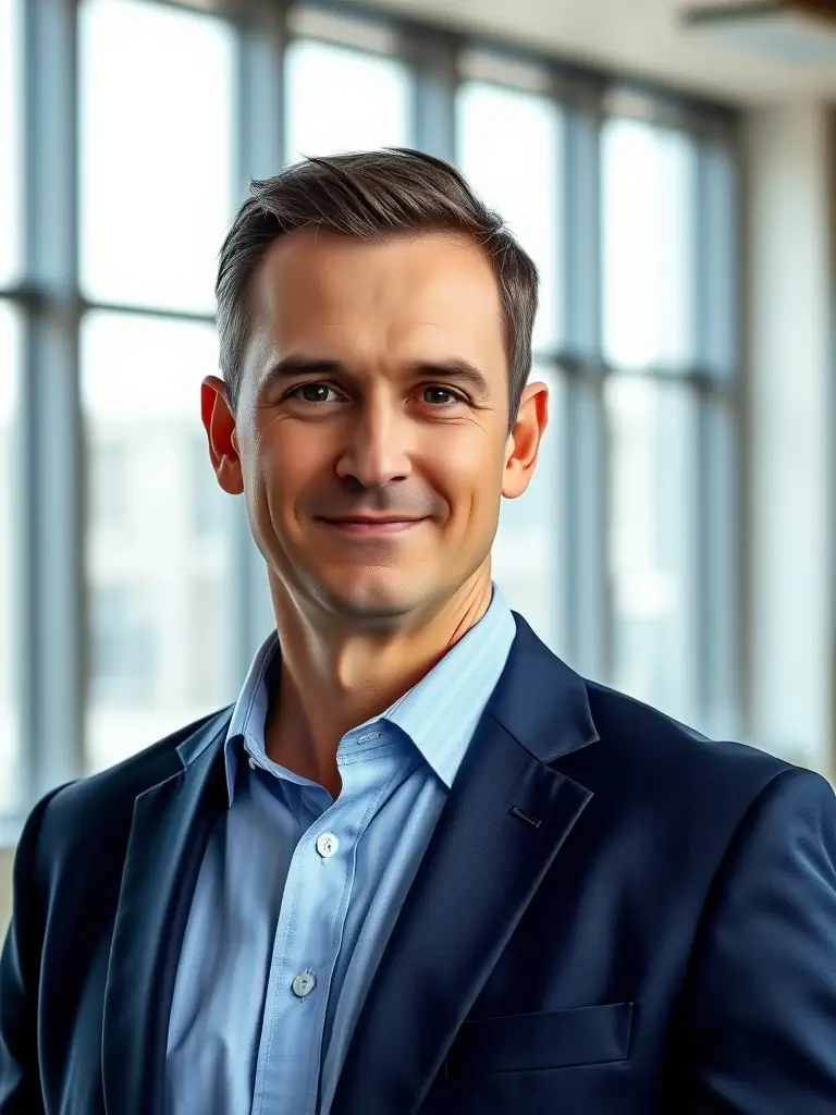 A professional consultant in a navy suit discussing business strategies with two clients in a modern, glass-walled office, conveying expertise and trust.
