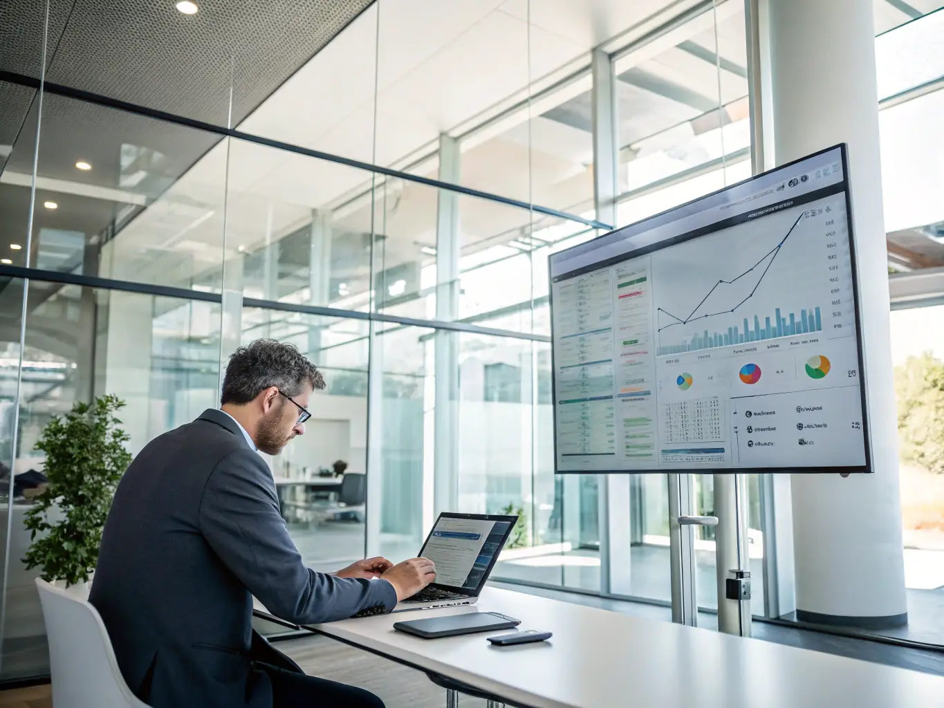 A professional business consultant in a modern office, reviewing financial charts and collaborating with a client, representing expert business consulting services for established companies.