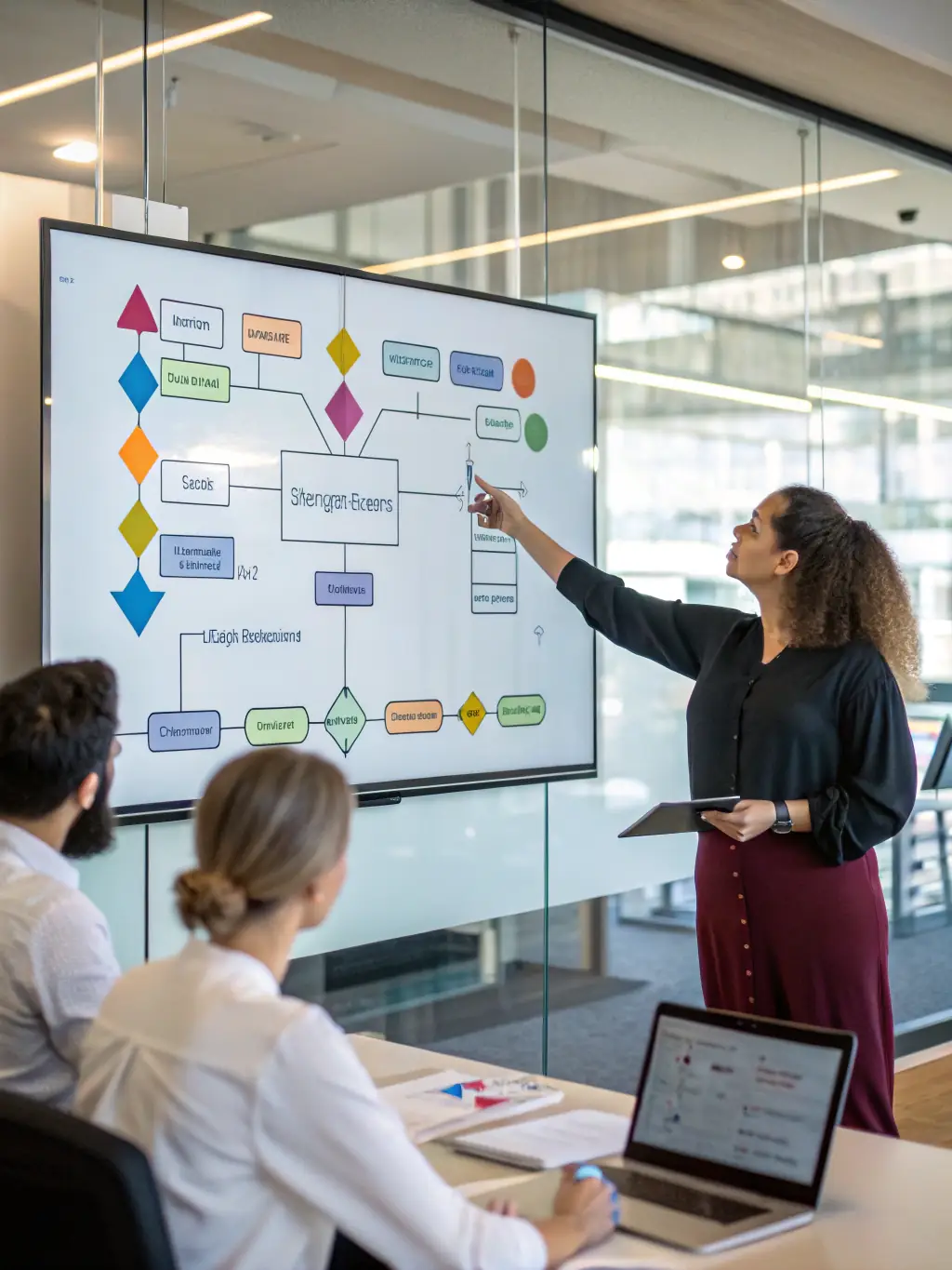 A professional reviewing workflow diagrams and process maps with colleagues, surrounded by digital devices and whiteboards in a sleek office environment.