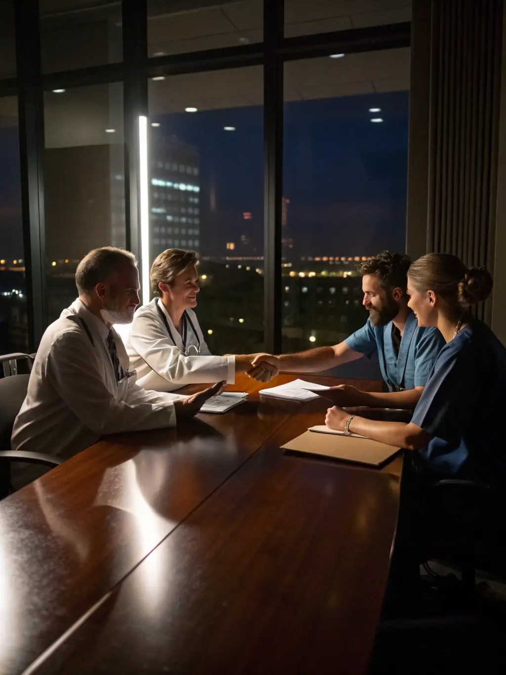A healthcare executive team in a hospital boardroom discussing operational improvements, symbolizing the healthcare sector for a consulting firm.