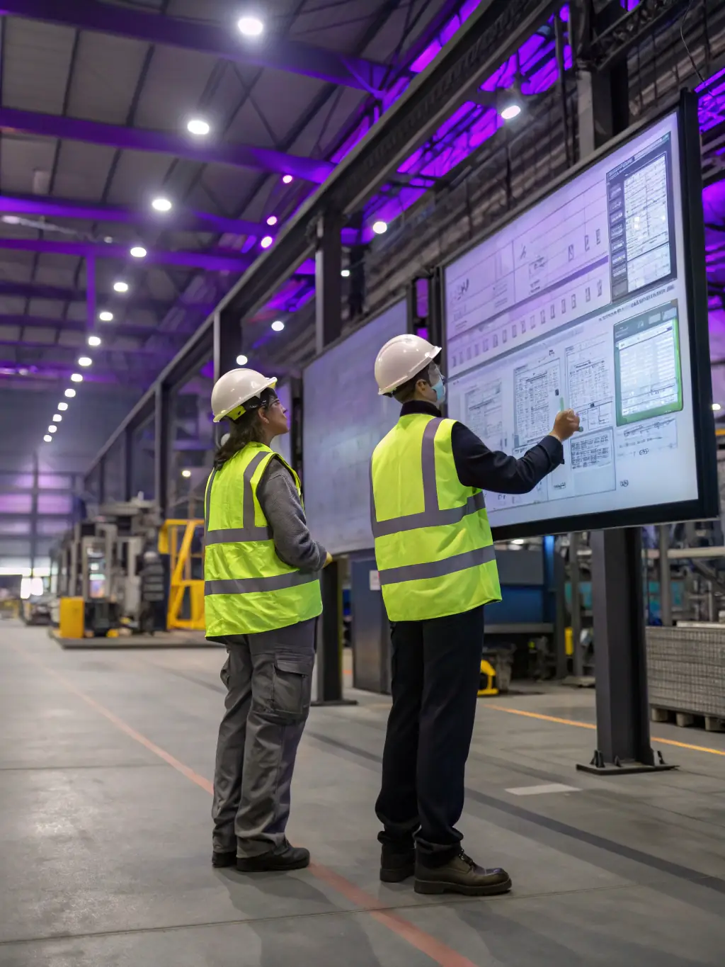 A group of manufacturing managers in safety vests reviewing production lines and efficiency metrics on digital tablets, representing manufacturing consulting.