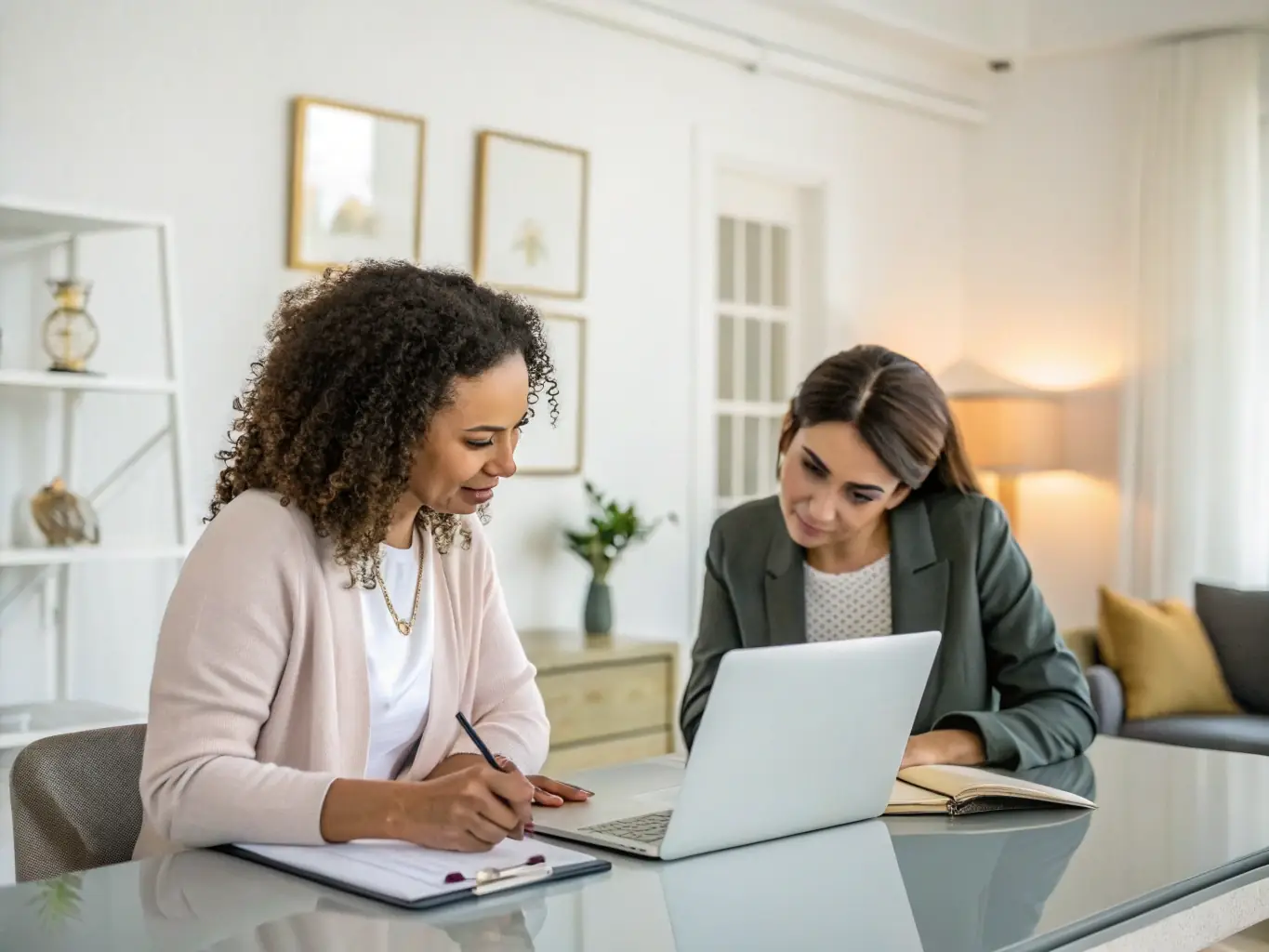 A smiling consultant attentively listening to a client across a desk, with a notepad and laptop, illustrating attentive customer service and excellence in a professional setting.