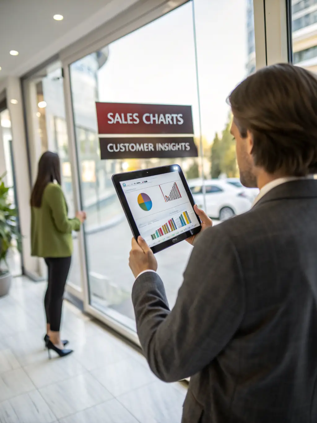 A team of retail business owners collaborating in a bright storefront, analyzing sales data and customer trends, representing the retail sector.