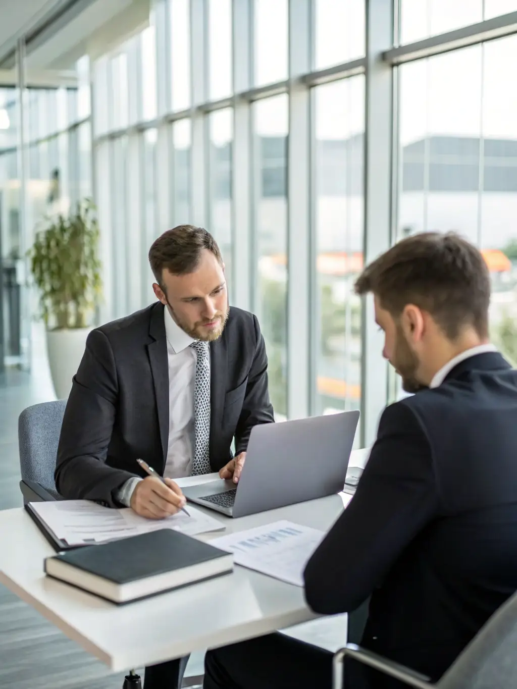 A consultant and client reviewing documents and data together, with charts and graphs visible on a laptop screen, in a clean, corporate environment.