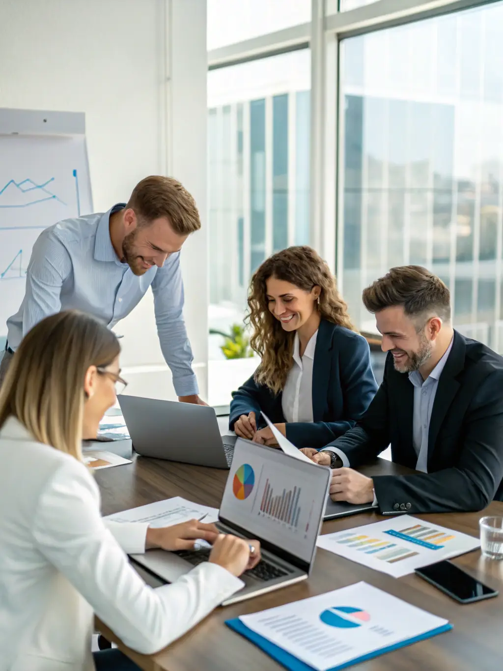 A modern office environment with financial analysts reviewing reports and digital charts, representing the financial services industry for a consulting website.