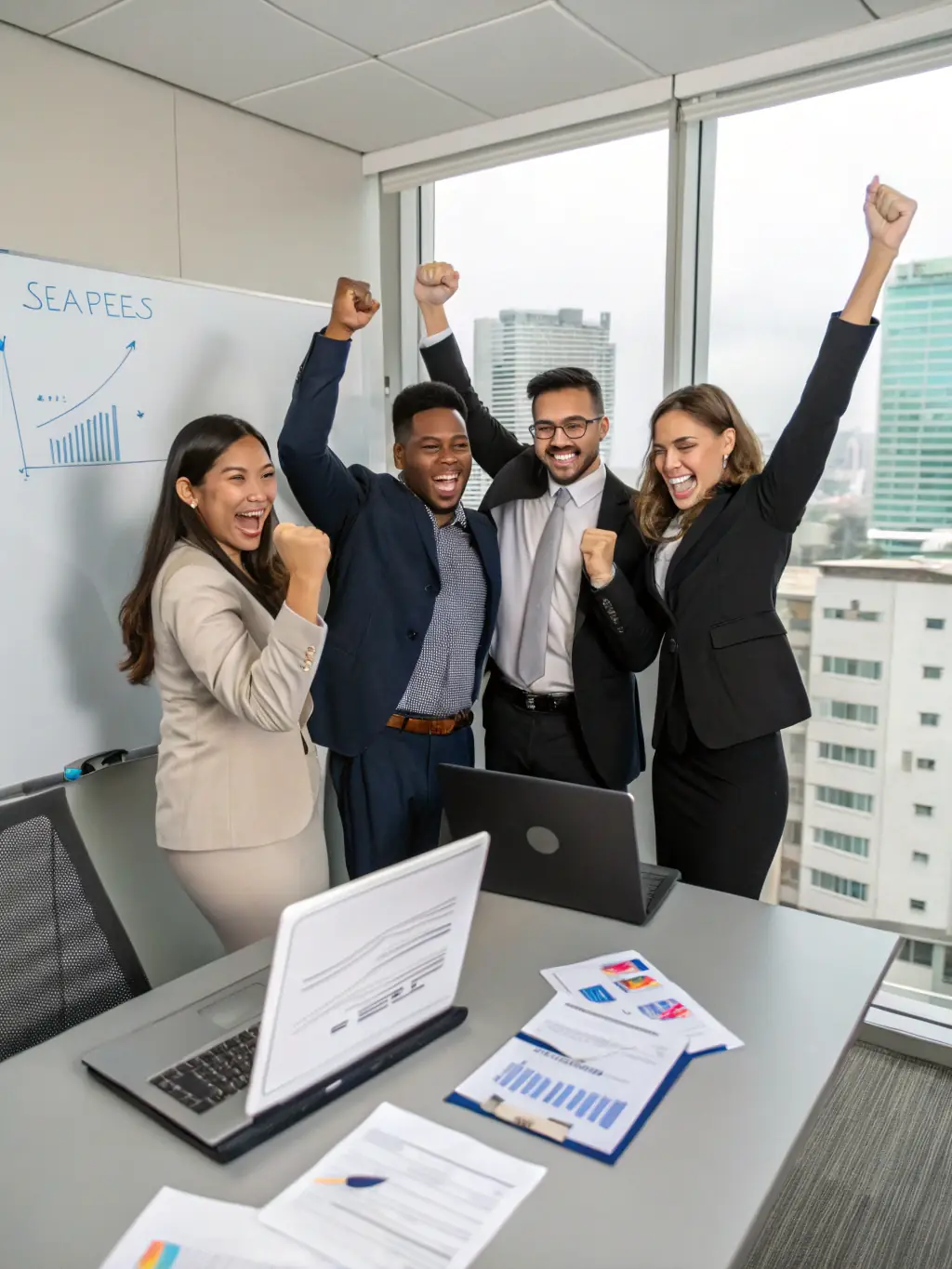 A business team shaking hands over a successful partnership deal, with upward-trending growth charts and cityscape visible in the background.
